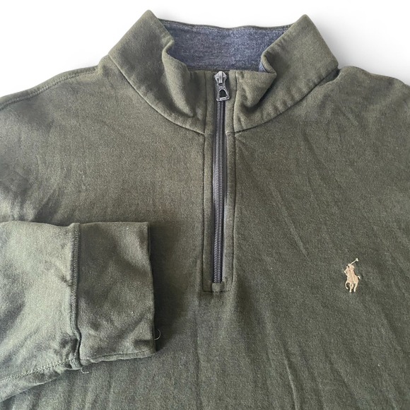 Polo Ralph Lauren Mens Quarter Zip Pullover Sweater Olive Green Pony Large XL - Picture 1 of 8